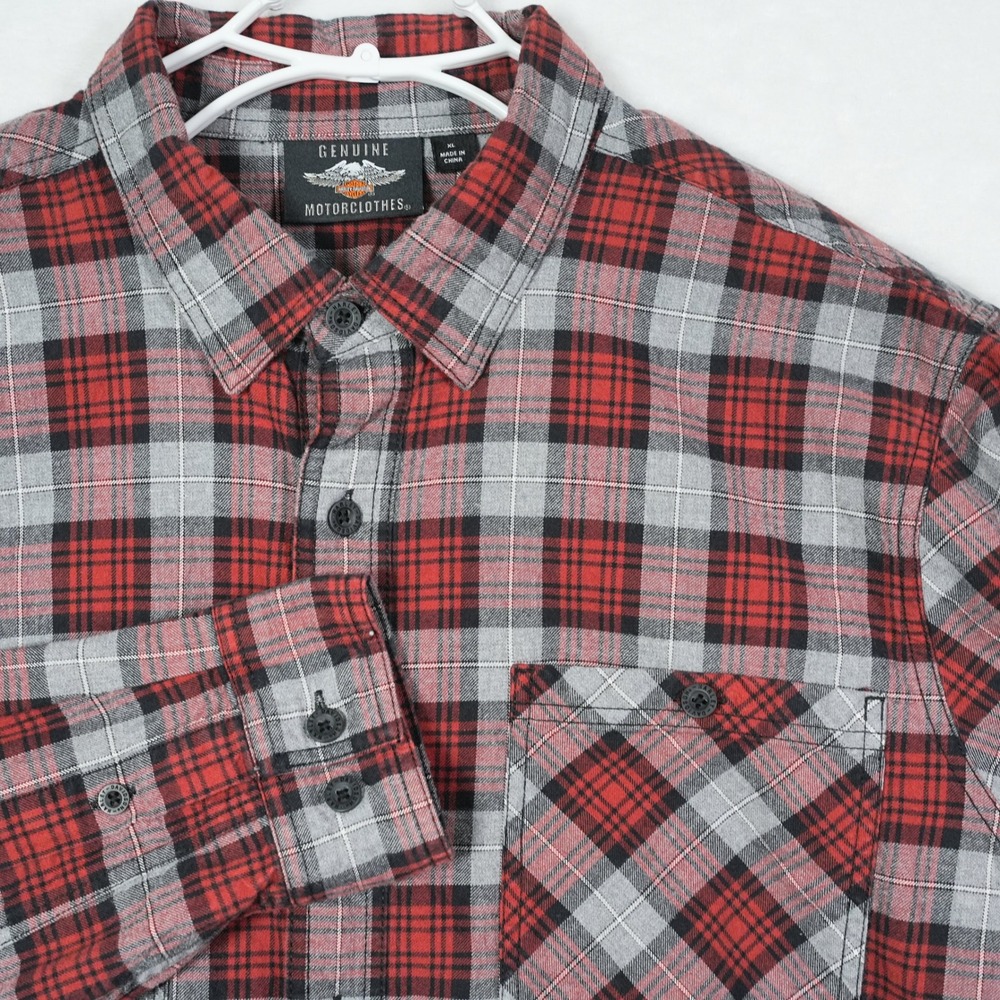 Harley-Davidson Mens XL Red Gray Plaid‎ Flannel Button Up Shirt 96113-20VM Logo